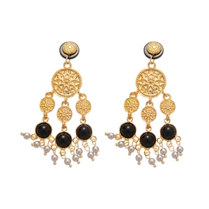 Elegant gold-tone chandelier earrings with black beads and pearl tassels on white background