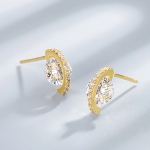 Elegant S925 sterling silver half-moon stud earrings with sparkling crystals for women
