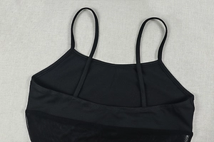Detailed close-up of the mesh fabric stitching and texture on this black slim dress