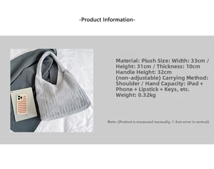 Detailed size specifications and interior capacity for the large gray plush tote bag