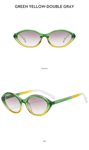 Detail view of cat eye sunglasses with green-yellow gradient frames and double gray lenses