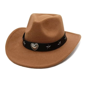 Classic brown western cowboy felt hat with a silver heart buckle and star studs band