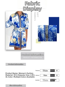 Dettaglio dell'abito a camicia con stampa floreale blu, cintura in vita e tessuto morbido