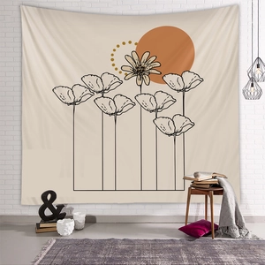 Détail de tapisserie d'art moderne avec lignes florales noires et soleil orange sur beige