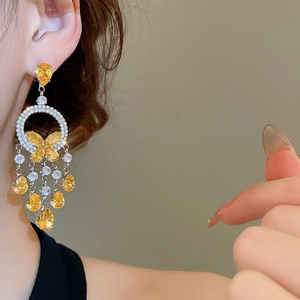 Detail of long gold tassel earrings with butterfly and teardrop stones worn by a model
