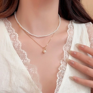 Elegant 18k gold plated double-layered necklace with zircon and pearl pendant for women