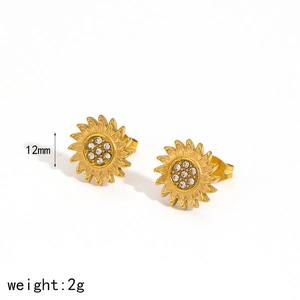 Golden sunflower heart earrings with crystal inlay, 12mm stainless steel jewelry