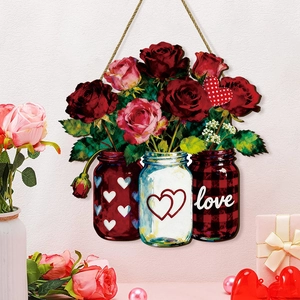 Panneau de porte en bois pour la Saint-Valentin avec roses et motifs de cœurs