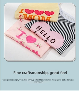 Detailed view of three assorted pet summer vests featuring cute cartoon heart prints