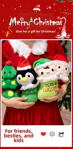 Close-up of plush Christmas toy set with Santa, penguin and festive stocking shapes
