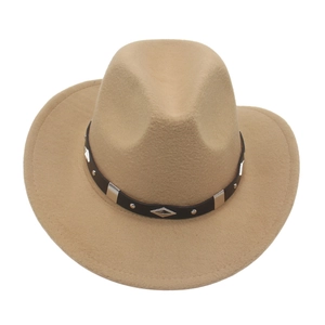 Detail of western fedora hat featuring a leather band with silver studs and metal buckle