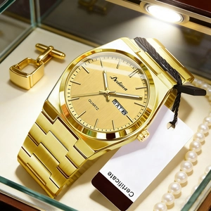 Close-up of gold stainless steel men's watch featuring a double calendar display dial