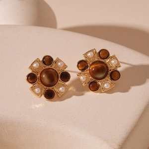 Retro resin flower stud earrings with brown cat-eye stones and imitation pearls