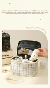 Detail of the woven texture and mesh storage compartment of the large cosmetic bag