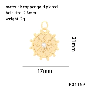 Detail view of round copper gold plated tarot sunburst pendant with zircon inlay dimensions