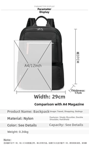 Detailed view of black nylon backpack with size specs 37x29x17cm and storage compartments