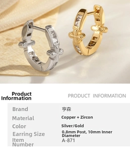 Detail of 10mm inner diameter cross earrings in gold and silver finish with zircon