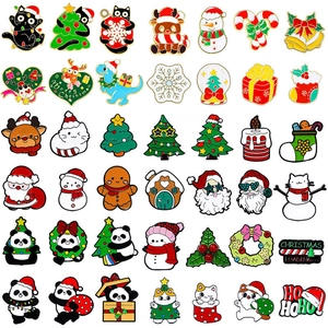 Set of 42 cartoon Christmas enamel pins featuring Santa, reindeer, and holiday trees