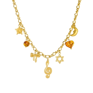 Gold plated stainless steel necklace featuring star moon music note and amber charms