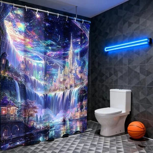 Detail of waterproof bathroom curtain with fantasy castle, galaxy and waterfall print