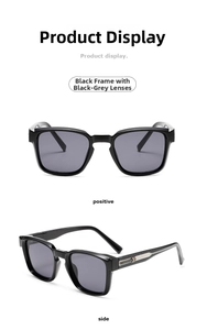 Detail view of square black frame sunglasses with dark gray lenses and silver metal temple trim
