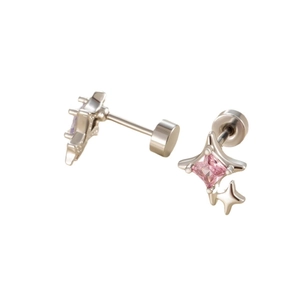 Titanium steel stud earrings with pink square stone and star detail on white background