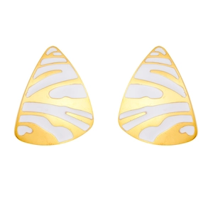 Boucles d'oreilles triangulaires vintage dorées avec émail blanc et motifs abstraits