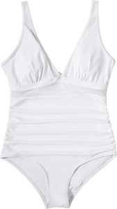 Detailed view of white one-piece swimsuit featuring deep V-neck and mesh cutout waist
