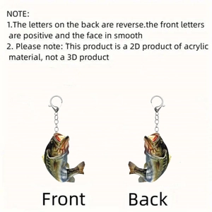 Detail view of 2D acrylic bass fishing keychain showing double-sided printed graphics