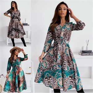 Damen Vintage Bedrucktes Kleid V-Ausschnitt Langarm Elegant Barock Leopard Marmor Muster A-Linie Taille Bindeband Midi Kleid