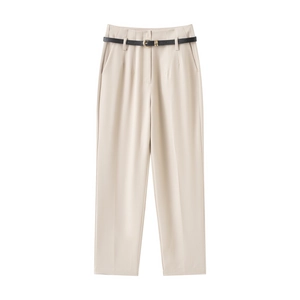 High-waist straight-leg casual trousers in beige with a slim black leather belt