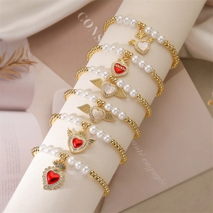 Gold Plated Copper Beaded Bracelet White Faux Artificial Pearl Sacred Heart Angel Wing Pendant Zircon Inlaid Elastic Jewelry Women