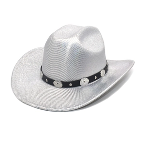 Silver western cowboy hat with metallic finish and studded black leather band