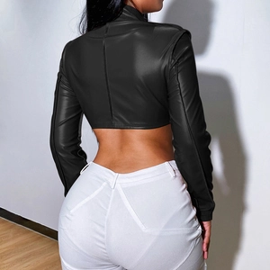 Back view of a black slim-fit cropped PU leather jacket showing stitching details