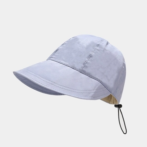 Detail view of the wide brim and adjustable drawstring on the light blue sun hat