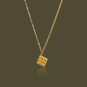 Retro Titanium Steel Square Pendant Necklace Asymmetrical Chain For Women 18K Gold Plated Studded Grid Geometric Jewelry