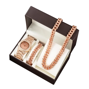 Luxury rose gold iced out watch set with cuban link chain and bracelet in a gift box