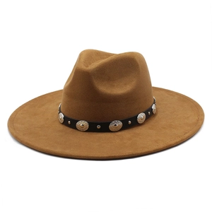 Brown wide brim faux suede fedora hat with studded leather band and vintage metal accents