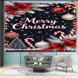300x180cm Christmas tapestry with red bows, ornaments and Merry Christmas text