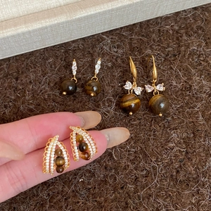 Retro Tiger Eye Stone Teardrop Earrings Copper Geometric Dangle With 925 Sterling Silver Earring Post For Women