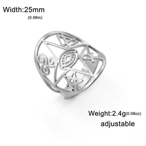 Adjustable silver stainless steel ring with hollow star, eye, and Ankh patterns