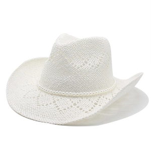 White straw cowboy hat with wide brim and pearl chain decoration for beach sun protection