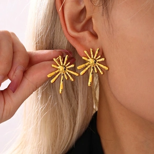 Sunburst Stud Earrings Stainless Steel Radial Irregular Hammered Texture Exaggerated INS Style Jewelry For Women