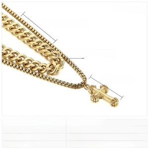 Detail showing gold stainless steel cuban chain and cross pendant with dimensions