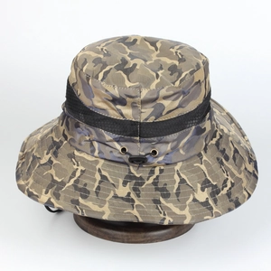 Detail of camouflage sun hat featuring breathable mesh vents and adjustable drawcord