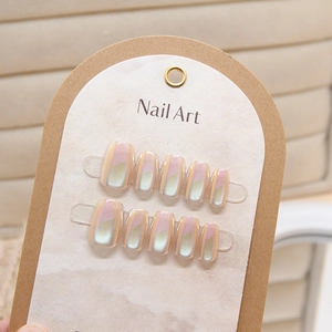 Cat Eye Mirror Press On Nails Aurora Gradient Artificial Pearl Luster Square Round Short Length False Nails For Women