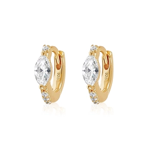 Detail showing S925 hallmark on gold plated huggie earrings with marquise cut zircon