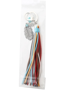 Detail of Western style keychain with silver feather, turquoise beads and leather tassel