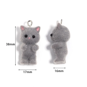 Cute grey flocked 3D cat pendant with dimensions 38mm x 17mm x 16mm for DIY jewelry