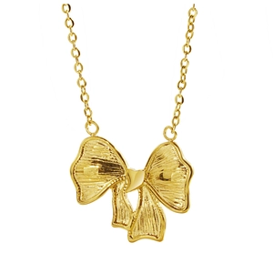 Elegant gold bow pendant necklace in stainless steel with brushed texture on white background
